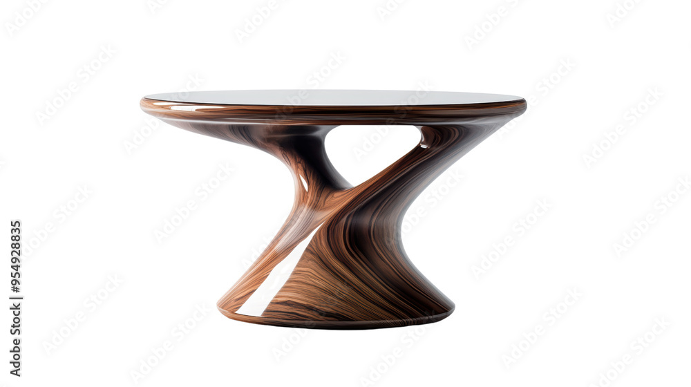 Poster a modern wooden coffee table with a unique and elegant design, featuring a round top and a sculpted 