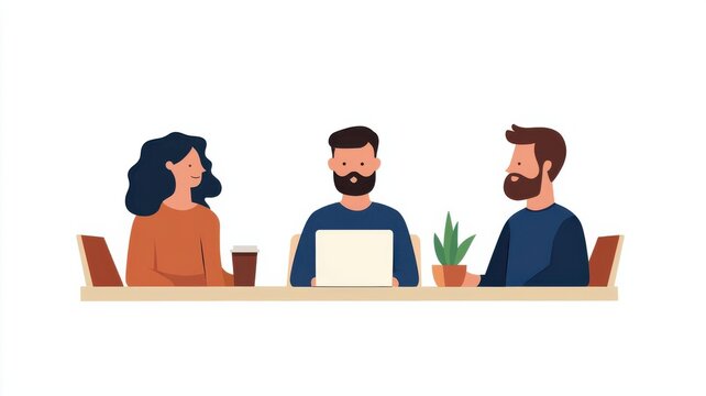 Team members discussing ideas over coffee, informal meeting, flat design illustration