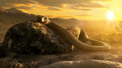 Titanoboa coiled around a massive boulder in a prehistoric landscape with distant mountains and a setting sun The snake's silhouette is imposing and majestic