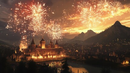 Magical Fireworks Over Enchanting Medieval Castle Landscape
