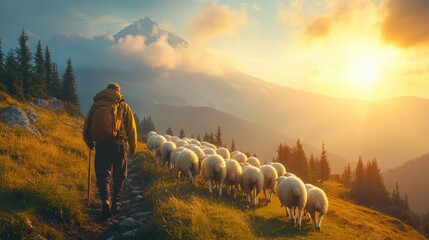 A shepherd leading his flock of sheep across a green pasture
