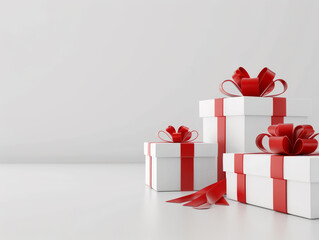 Fototapeta premium Christmas background, red ribbon wrapped gifts white gift boxes red ribbon isolated on a white background decorations, and snow gray