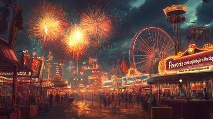 Fototapeta premium Vibrant Fireworks Display at Carnival Fairground on a Lively Night