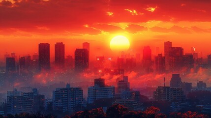 Fototapeta premium A breathtaking sunset illuminates the skyline of a bustling city, casting vibrant hues of orange and red across the horizon. Generative AI