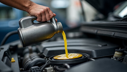 Close- up of mechanic pours motor oil while doing car engine maintenance at auto repair shop.
