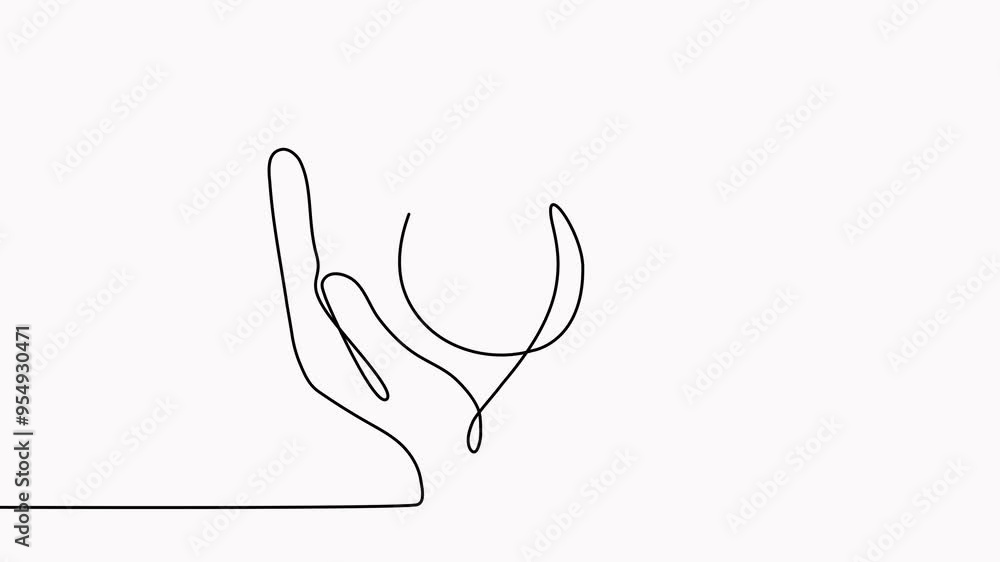 Poster hands hold water drop continuous line drawing animation. blood or oil drop in human arm linear symbo