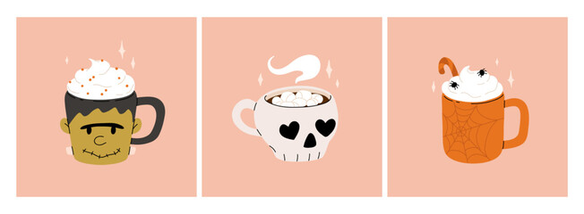 Vector collection of cute Halloween mugs. Hot cocoa with marshmallow, coffee and tea cups with cute faces, ghost, pumpkin, witch black cat and skull. Flat cartoon illustration on pink background