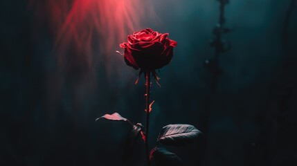 A single red rose illuminated by an eerie red backlight in hellish darkness, casting a haunting, high-angle shadow.