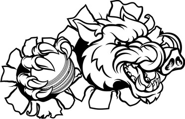 A wild boar, hog razorback warthog pig mean tough cartoon sports mascot holding a cricket ball