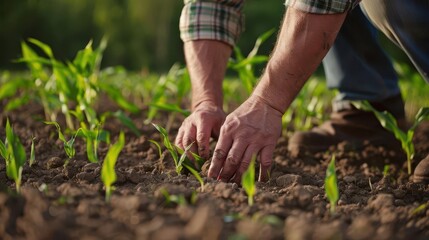 agricultural scene farmer inspecting young corn plants in field closeup of hands touching green shoots represents growth sustainability and connection to the land