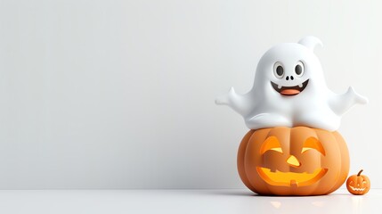 cute ghost sitting on pumpkin isolated on white background, banner with copy space area for Halloween advertising or promotion, minimal design.