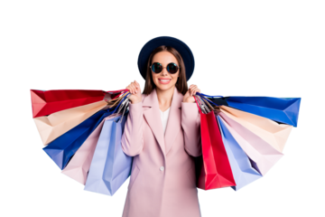 Portrait of cute candid lady in eyewear eyeglasses go shopping have many bags 50% off enjoy her rest wear pink coat isolated over blue background