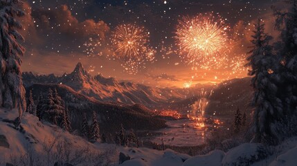 Magical Winter Wonderland with Dazzling Fireworks Display