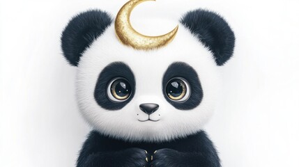 Fototapeta premium Cute Panda with a Golden Crescent Moon