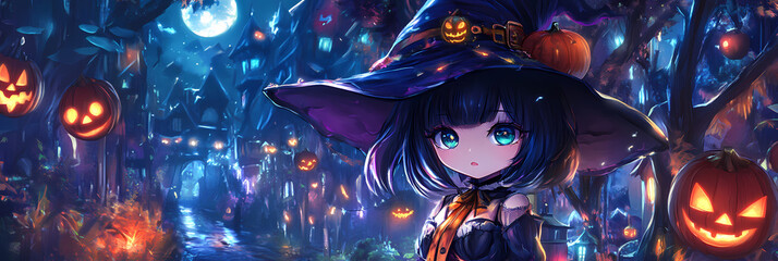 Obraz premium Kawaii Chibi Witch – Cute Anime Girl Halloween Vibes and Fantasy Art