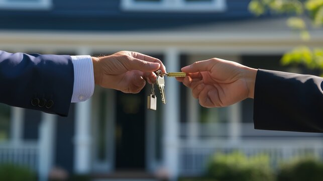 A person handing over house keys to a new homeowner in front of a charming suburban residence during daylight hours