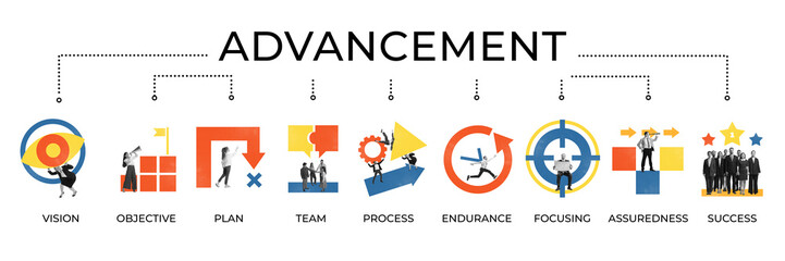 Poster. Contemporary art collage. Sequence of images shows journey from vision to success through structured advancement.