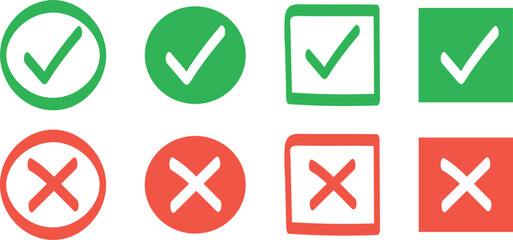 Sharp green checkmark and red cross on isolated white background vector symbol for right and wrong choices. Symbol of choice set. Modern flat design, Checkmark icon set. Checkmark right symbol tick.
