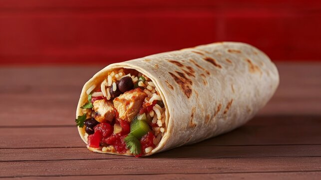 Advertising - testimonial photo of mexican burito with chicken , mexican rice, black beans, salsa, guacamole, cheese, sour cream. burrito must be placed upwards floating on a monochrome background