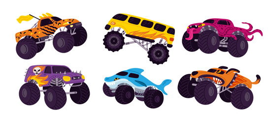 Cartoon monster trucks. Kids car toys. Auto jeeps of aggressive colors. Extreme entertainment sport show. Overcoming obstacles. SUV transport rally. Automobiles race. Garish vector set © VectorBum
