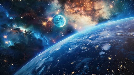 Fototapeta premium aweinspiring view of earth from space swirling energy waves peek of cosmic light deep space background with stars and nebulae