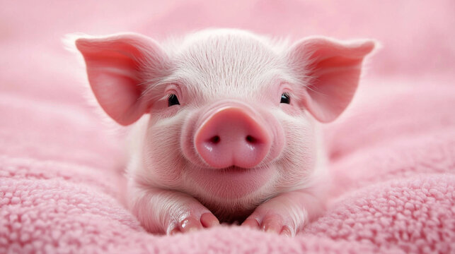 A baby pig is laying on a pink blanket