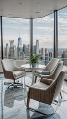 Fototapeta premium Luxurious high-rise lounge with panoramic city skyline views, featuring modern chairs and a lush potted plant, set against floor-to-ceiling windows on a sunny day.