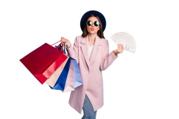 Portrait of lovely brown haired girl go shop with jackpot cash earnings prepare for valentine day send air kisses wear pink coat eyewear cap hat eyeglasses denim jeans isolated over blue background