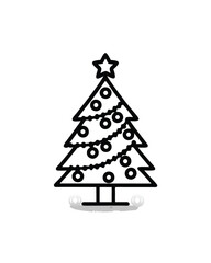 Editable stroke vector of a Christmas tree decorated with a star on top, ornaments, and a string of lights.