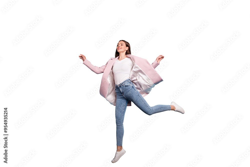 Wall mural Full length photo of charming cute girl jump run for bargains on her holiday wear pink topcoat denim jeans isolated over blue background