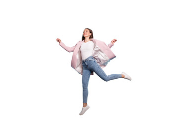 Full length photo of charming cute girl jump run for bargains on her holiday wear pink topcoat...