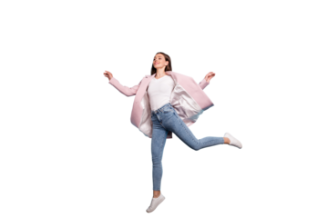Full length photo of charming cute girl jump run for bargains on her holiday wear pink topcoat denim jeans isolated over blue background