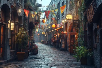 A charming narrow alley adorned with colorful flags. The cobblestone streets are illuminated by glowing lanterns. A perfect backdrop for stories of old. Generative AI