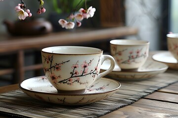 Fototapeta premium a pair of tea cups on a table. 