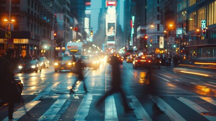 bustling city street at twilight blurred figures crossing amid glowing traffic lights and skyscrapers