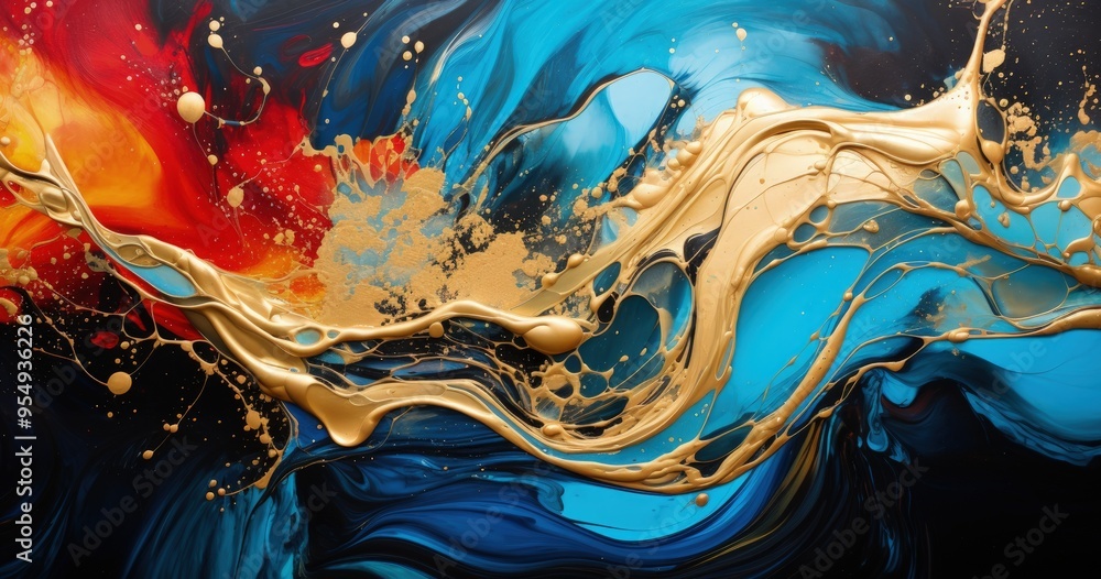 Poster a vibrant abstract composition featuring swirling colors of red, blue, and gold, creating a dynamic 