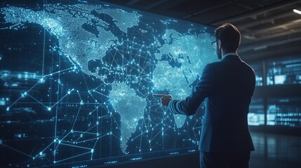 close-up of a man looking at a holographic interactive map of the earth 