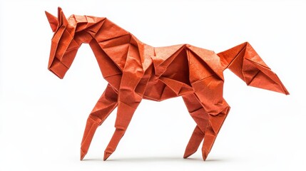 A carefully folded origami horse stands alone, displaying its intricate details and vibrant orange color, reflecting skilled craftsmanship