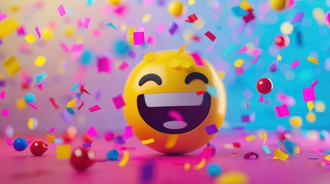 3d rendering of cheerful yellow party popper emoji bursting with colorful confetti dynamic motion blur effect against festive gradient background