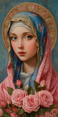 A serene portrait of the Virgin Mary, adorned with roses and a golden halo, symbolizing purity and divine grace.