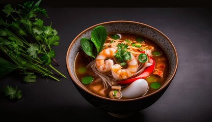 Vibrant bowl of Tom Yum Goong with fresh shrimp, mushrooms, lemongrass, and herbs, garnished with lime and chili peppers, showcasing a rich and flavorful Thai soup.