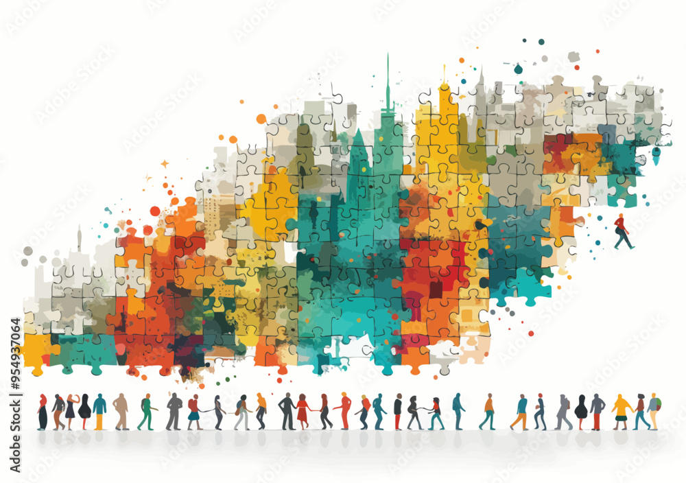 Aufkleber collaborative effort towards success concept with people assembling a rising arrow puzzle in colorfu