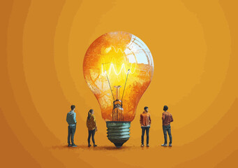 Team Collaboration on Innovative Idea with Light Bulb Symbol, Conceptual Business Illustration, Creative Project Discussion, Minimalistic Vector, Motivation and Inspiration at Work