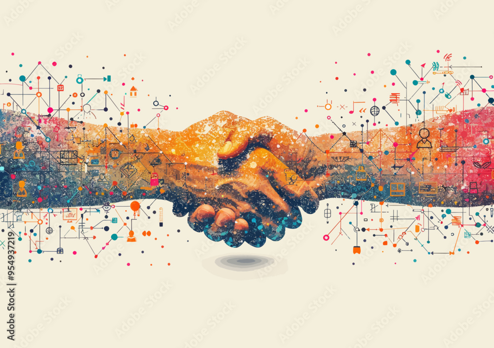 Aufkleber digital business partnership - handshake over internet network, team collaboration concept in minima