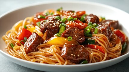 Close-Up of a Savory Noodle Dish with Beef, Peppers, and Sesame Seeds