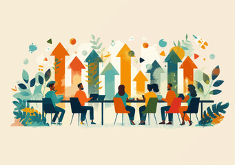 Team Collaboration on Business Strategy and Growth, Vector Illustration of Group Discussing Progress and Business Plan with Upward Arrows and Charts, Office Setting in Minimalistic Style