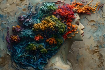 Artistic representation of a woman with a floral and botanical headdress in a serene setting, showcasing a blend of nature and human form