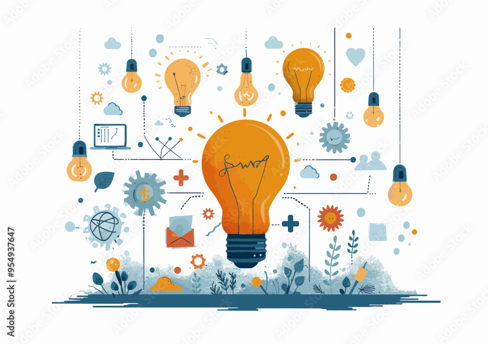 Poster innovative project management concept with team brainstorming vector illustration business solution 
