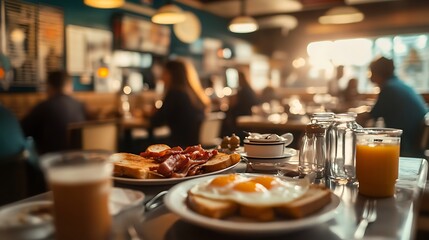 Bustling diner with a classic American breakfast of eggs bacon and toast on the table promoting diner culture comfort food and breakfast options