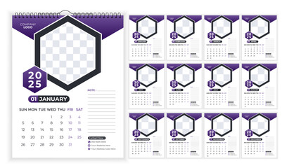 12 page Wall calendar design template 2025, Set of Monthly pages Calendar, Monthly planner design in corporate and business style, Simple calendar with the week starting Monday